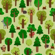 Forest seamless pattern with trees and animals Wolf wild boar