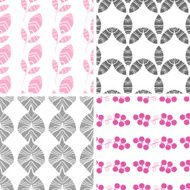 Four abstract pink gray textured leaves seamless pattern background set