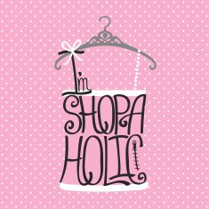 Silhouette of woman shirt from words shopaholic Polka dot backg