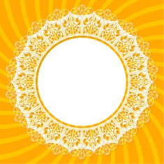 White lace doily on an orange background with rays