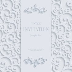 Vector White 3d Vintage Invitation Card with Swirl Damask Pattern
