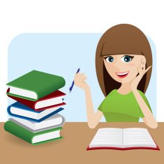 cartoon smart girl writing book on table