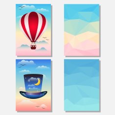 Bright set with hat hotair balloon and abstract polygonal background