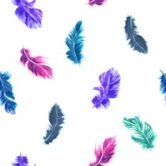 Watercolor feather seamless pattern in purple blue and turquoise color