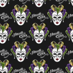 Mardi Gras carnival mask or jester emblem seamless pattern N2
