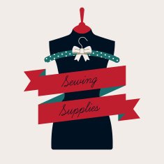 Lady sewing mannequin with title ribbon sample text