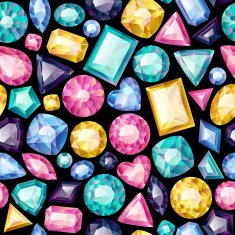 Seamless colorful gemstones background on black Jewels pattern