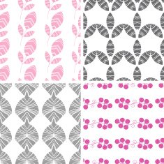 Four abstract pink gray textured leaves seamless pattern background set