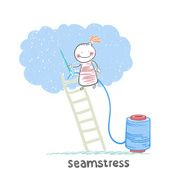 seamstress standing on a ladder and sews cloud