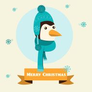 Christmas background and greeting card with hipster penguin