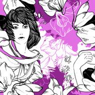 abstract vector seamless pattern with girl flowers and splashes