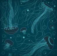 Seamless marine pattern with medusas Ocean background