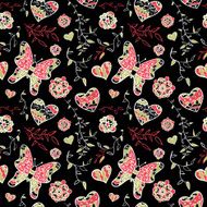 Floral seamless pattern with flowers hearts and butterfly