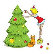 Girl cat and Christmas tree