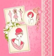 Vintage fashion girls in hat on tapestry background Vector