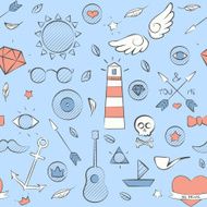 Sea doodle seamless hipster pattern over light blue N2