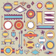 Vintage hand drawn style design elements and badges colorful set N2