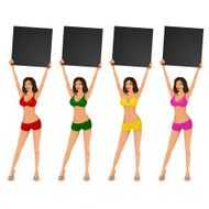Sexy woman in bikini making an announcent