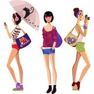 fashion girls in shorts with camera and umbrella