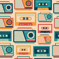 Seamless pattern with retro tape recorders and cassettes