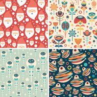 Set of seamless patterns with Santa and Christmas flowers