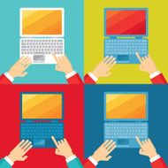 Human hands and computer notebook in flat design style