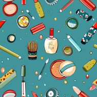 Colorful Makeup Seamless Pattern on Blue