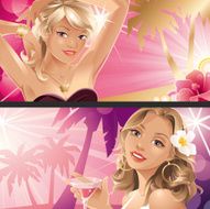 Two Glamorous Women on a Pink Summer Party Beach Background
