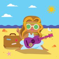 Hippie girl with guitar and suitcase at the sea