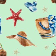 Seamless pattern with beach bag shoes sunglasses and a coconut N6
