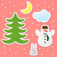 funny cartoon winter holidays background with snowman and cute rabbit