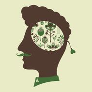 Hipster head with thoughts about plants and flowers