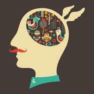 Hipster head with thoughts about birds and flowers