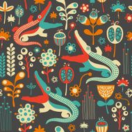 Colorful seamless pattern with flowers and crocodiles