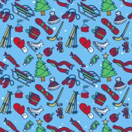 Winter seamless texture with skates sleds mittens winter sports items N2