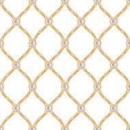 Seamless pattern with golden chains and white pearls Jewelry background
