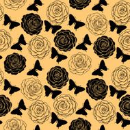 seamless background with monochrome butterflies and roses
