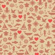 Vintage seamless pattern (tiling) of marine symbols with hearts