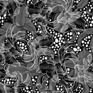 Monochrome seamless pattern with lilies on a black background