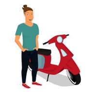 Hipster guy wearing stylish staying near red motorbike
