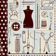 Retro hand drawn sewing related seamless pattern background