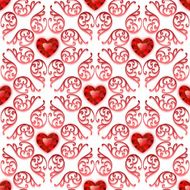 Ornate Seamless Pattern with Ruby Hearts