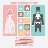Wedding invitation with Flat icons and wedding clothing
