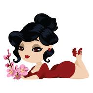Bright brunette in a red dress with cherry flowers