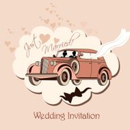 Wedding invitation with retro car bride and groom just married