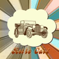 Retro vector card with car and multicolored stripped background