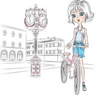 Vector beautiful girl with bicycle N2