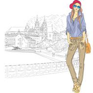 Vector fashion stylish girl in the old city N2