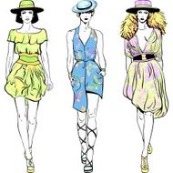 Vector set fashion top models in summer dresses and hats