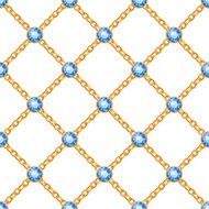 Seamless pattern with crossed golden chains and blue round gemstones